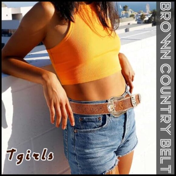 Leather Western Belt with Gold Buckle for Jeans and Pants